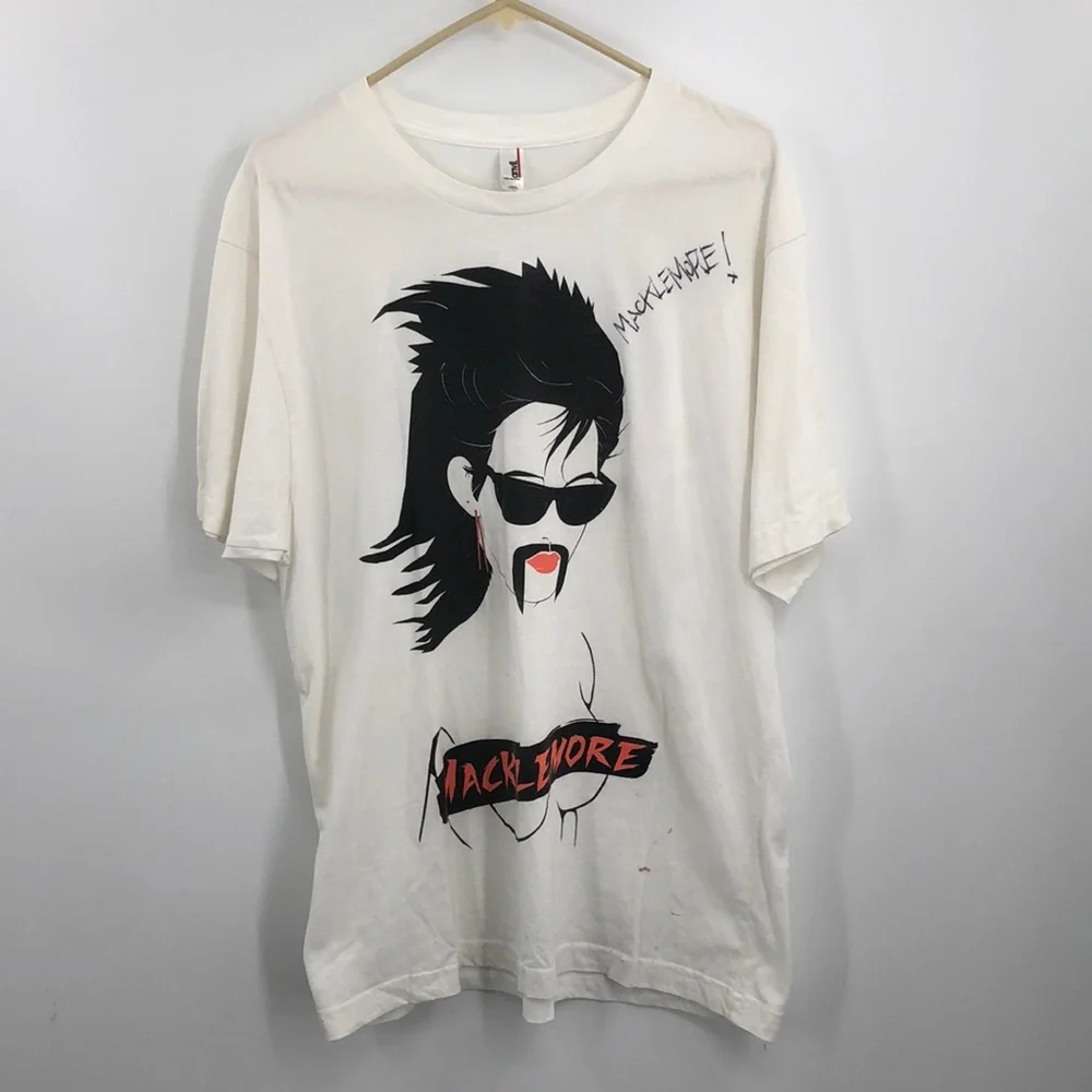 White Graphic Men’s T-Shirt with Black & Red Illustration - Picture 1 of 7